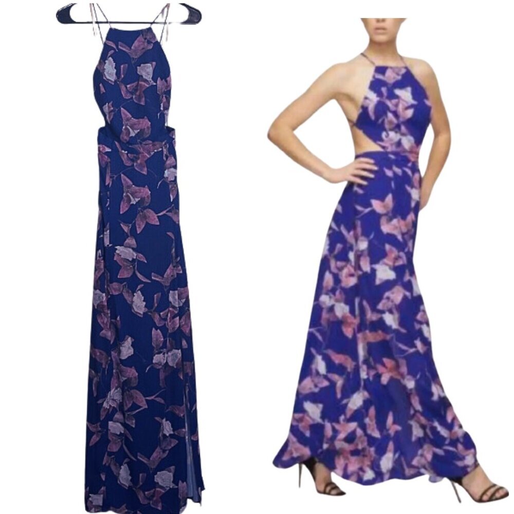 Fame & Partners Purple Midnight Floral Open Lace Up Back Cut Out Side Maxi Sz 4